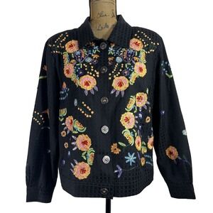 JULIA KIM Jacket Size Large‎ Art to Wear Embroider Flower Sequin Black Plaid